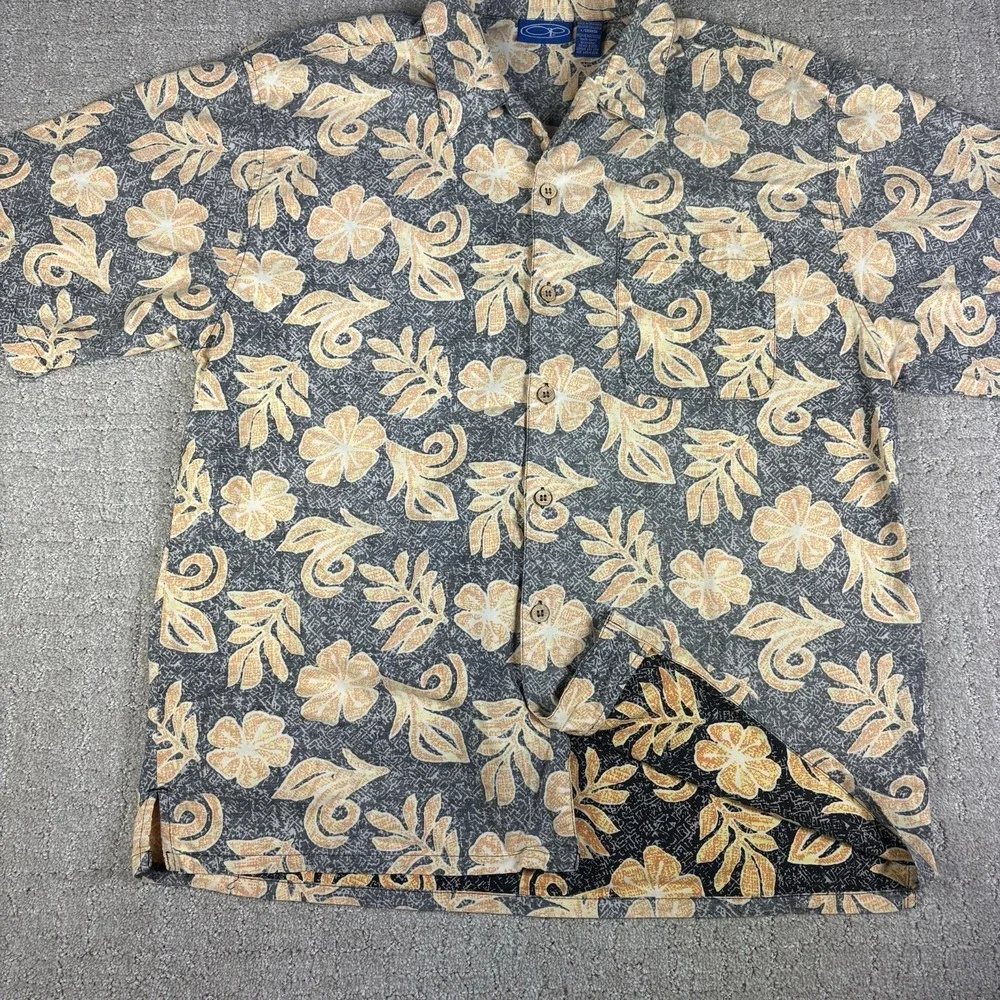 VTG Ocean Pacific Hawaiian Shirt Large Yellow Camp Floral OP Surf Wooden Buttons